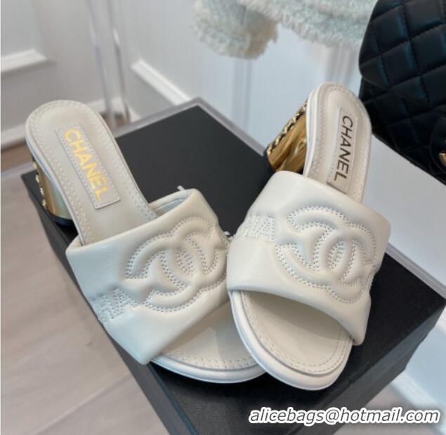 Purchase Chanel CC Lock Lambskin Slide Sandals with 6.5cm Metal Heel White 070125