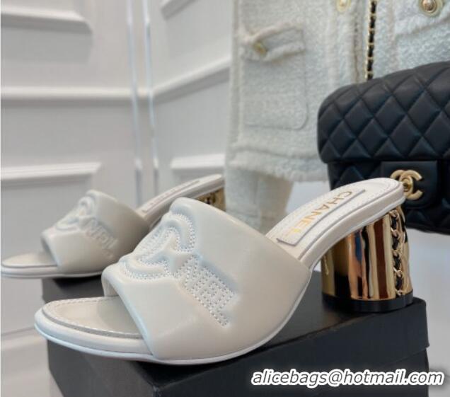 Purchase Chanel CC Lock Lambskin Slide Sandals with 6.5cm Metal Heel White 070125