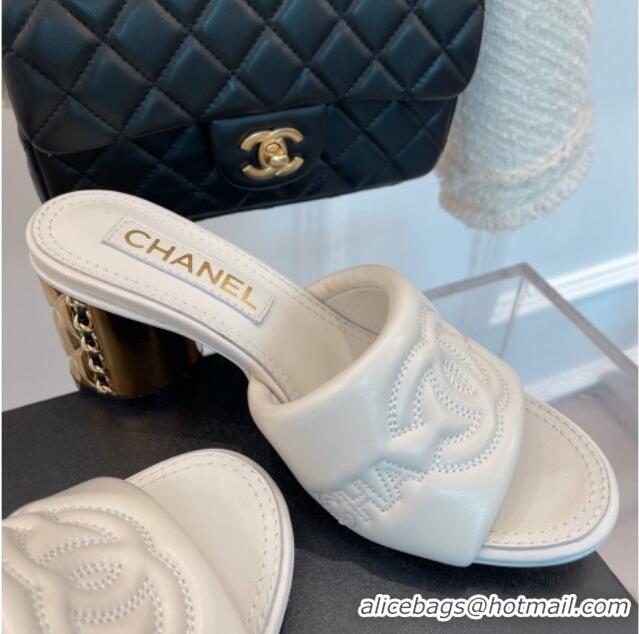 Purchase Chanel CC Lock Lambskin Slide Sandals with 6.5cm Metal Heel White 070125