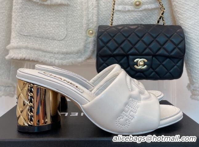 Purchase Chanel CC Lock Lambskin Slide Sandals with 6.5cm Metal Heel White 070125