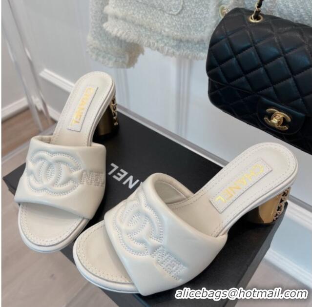 Purchase Chanel CC Lock Lambskin Slide Sandals with 6.5cm Metal Heel White 070125