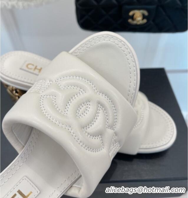 Purchase Chanel CC Lock Lambskin Slide Sandals with 6.5cm Metal Heel White 070125