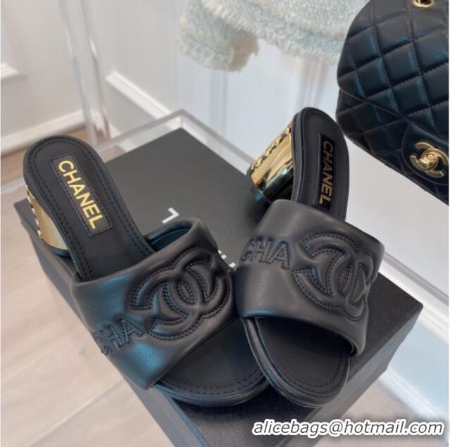 Good Quality Chanel CC Lock Lambskin Slide Sandals with 6.5cm Metal Heel Black 070126