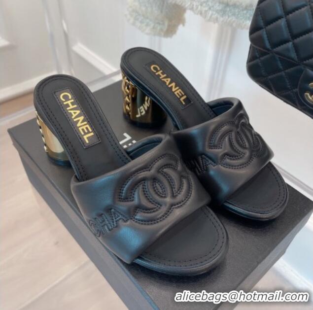 Good Quality Chanel CC Lock Lambskin Slide Sandals with 6.5cm Metal Heel Black 070126