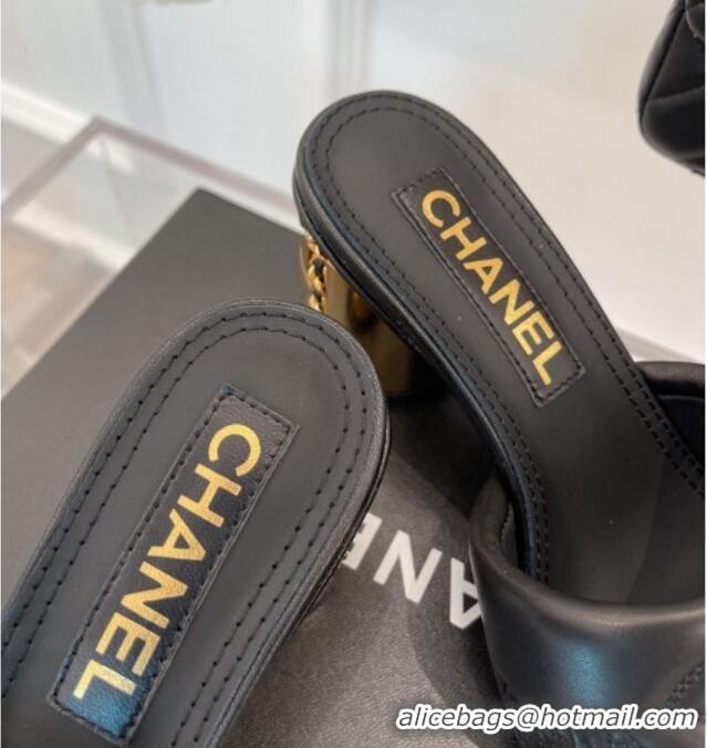 Good Quality Chanel CC Lock Lambskin Slide Sandals with 6.5cm Metal Heel Black 070126