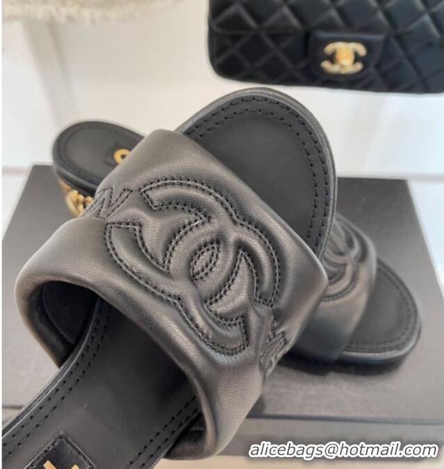 Good Quality Chanel CC Lock Lambskin Slide Sandals with 6.5cm Metal Heel Black 070126