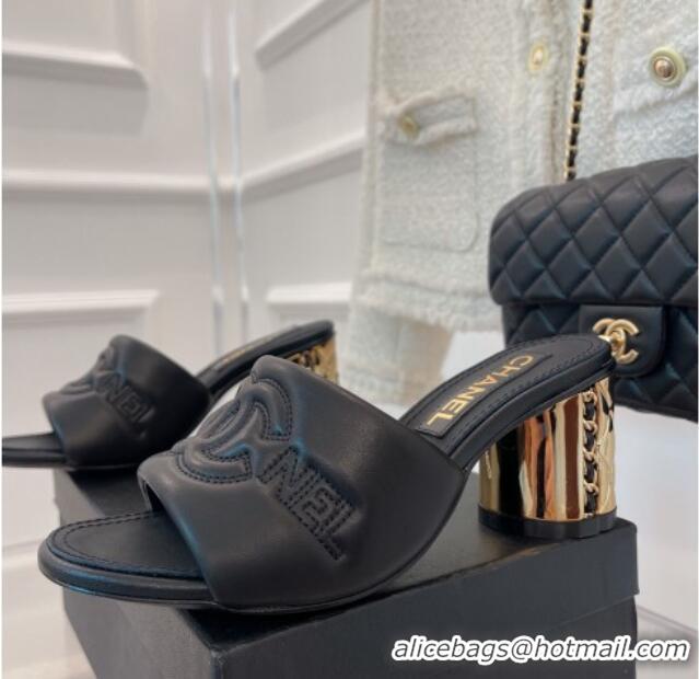 Good Quality Chanel CC Lock Lambskin Slide Sandals with 6.5cm Metal Heel Black 070126