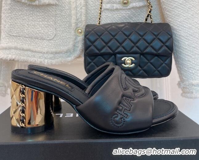 Good Quality Chanel CC Lock Lambskin Slide Sandals with 6.5cm Metal Heel Black 070126