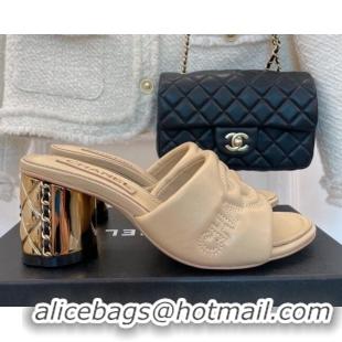 Stylish Chanel CC Lock Lambskin Slide Sandals with 6.5cm Metal Heel Beige 070127