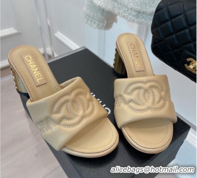 Stylish Chanel CC Lock Lambskin Slide Sandals with 6.5cm Metal Heel Beige 070127