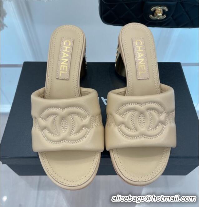 Stylish Chanel CC Lock Lambskin Slide Sandals with 6.5cm Metal Heel Beige 070127