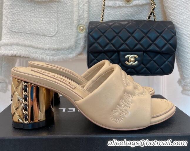 Stylish Chanel CC Lock Lambskin Slide Sandals with 6.5cm Metal Heel Beige 070127