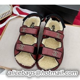 Grade Quality Chanel Fur and Shearling Wool Flat Strap Sandals Burgundy 070128