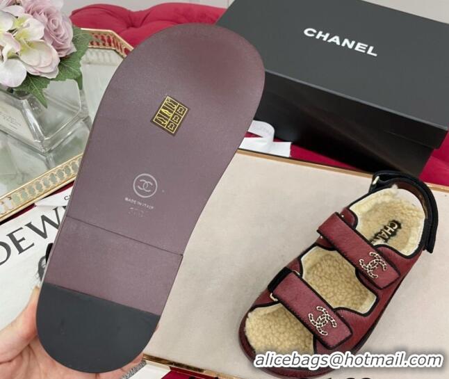 Grade Quality Chanel Fur and Shearling Wool Flat Strap Sandals Burgundy 070128