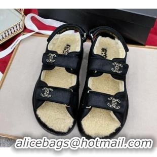 Good Quality Chanel Fur and Shearling Wool Flat Strap Sandals Black 070129