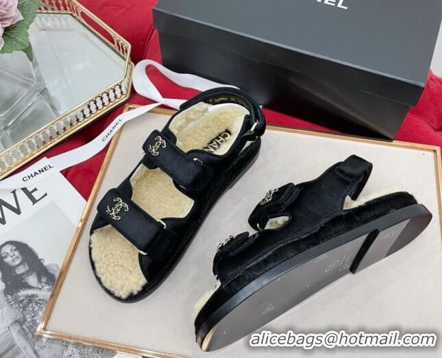 Good Quality Chanel Fur and Shearling Wool Flat Strap Sandals Black 070129