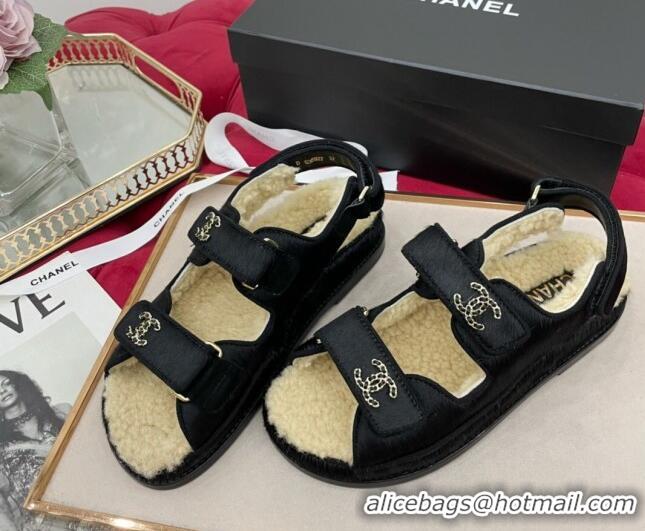 Good Quality Chanel Fur and Shearling Wool Flat Strap Sandals Black 070129