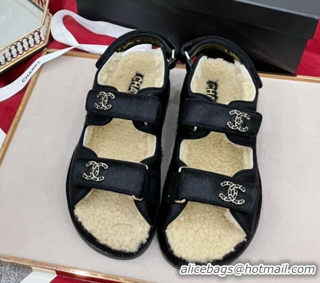 Good Quality Chanel Fur and Shearling Wool Flat Strap Sandals Black 070129