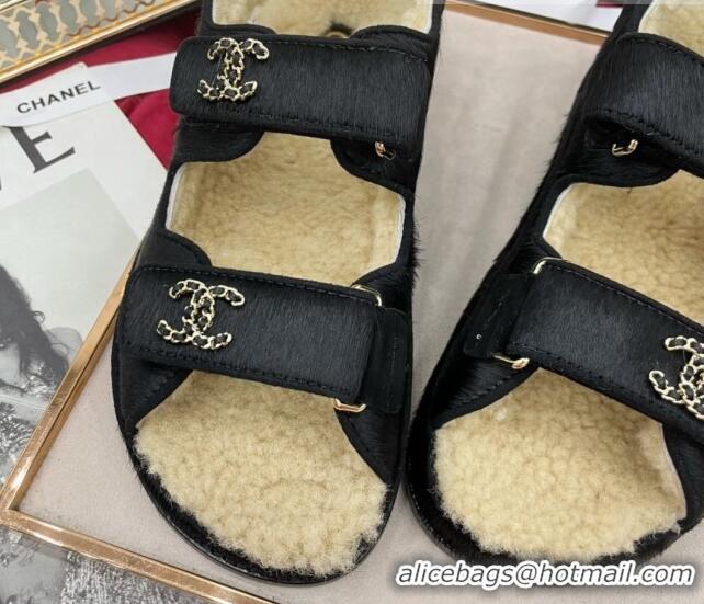 Good Quality Chanel Fur and Shearling Wool Flat Strap Sandals Black 070129