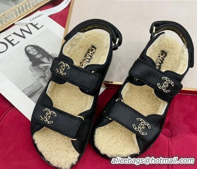 Good Quality Chanel Fur and Shearling Wool Flat Strap Sandals Black 070129