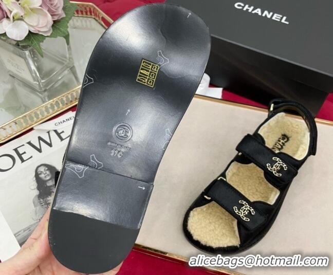 Good Quality Chanel Fur and Shearling Wool Flat Strap Sandals Black 070129