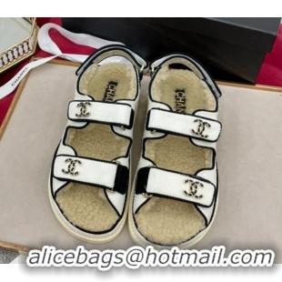 Luxurious Chanel Fur and Shearling Wool Flat Strap Sandals White 070130