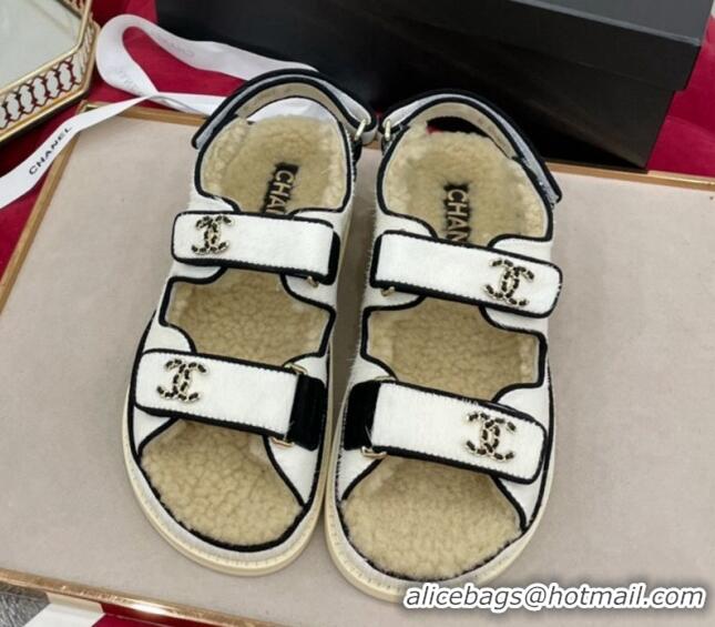 Luxurious Chanel Fur and Shearling Wool Flat Strap Sandals White 070130