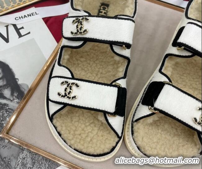 Luxurious Chanel Fur and Shearling Wool Flat Strap Sandals White 070130