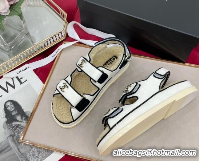 Luxurious Chanel Fur and Shearling Wool Flat Strap Sandals White 070130