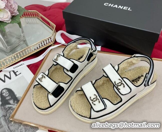 Luxurious Chanel Fur and Shearling Wool Flat Strap Sandals White 070130