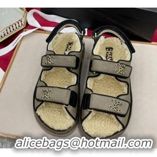 Popular Style Chanel Fur and Shearling Wool Flat Strap Sandals Gray 070131