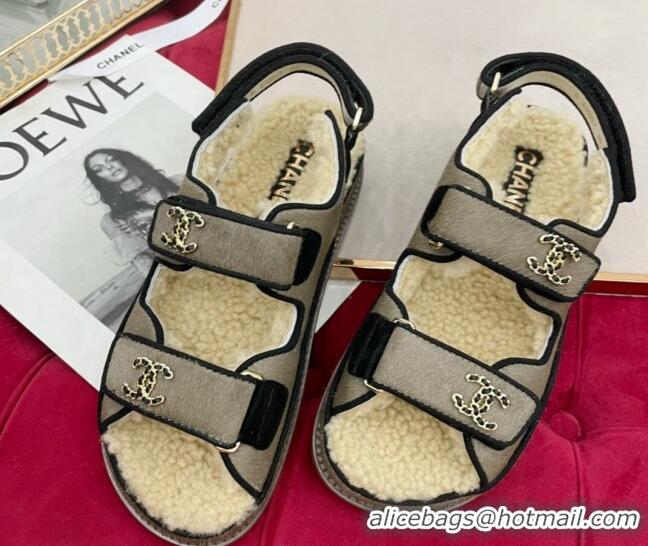 Popular Style Chanel Fur and Shearling Wool Flat Strap Sandals Gray 070131