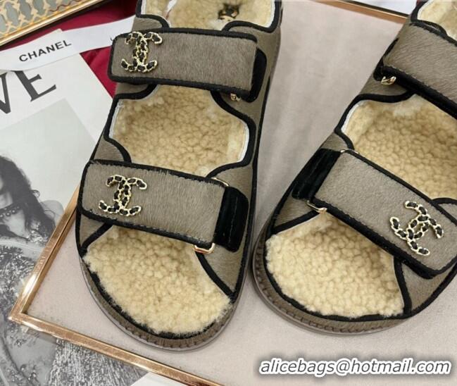 Popular Style Chanel Fur and Shearling Wool Flat Strap Sandals Gray 070131