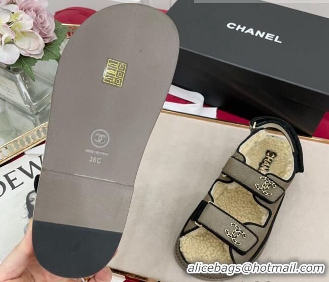 Popular Style Chanel Fur and Shearling Wool Flat Strap Sandals Gray 070131