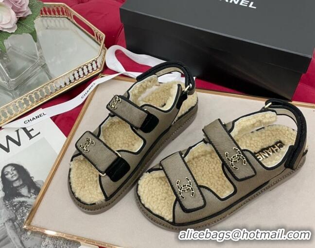 Popular Style Chanel Fur and Shearling Wool Flat Strap Sandals Gray 070131