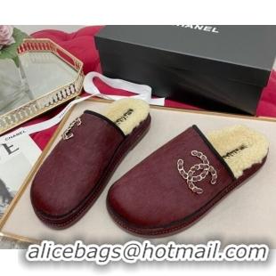 1:1 aaaaa Chanel Fur and Shearling Wool Flat Mules G38648 Burgundy