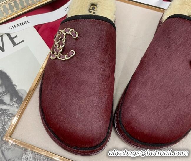 1:1 aaaaa Chanel Fur and Shearling Wool Flat Mules G38648 Burgundy