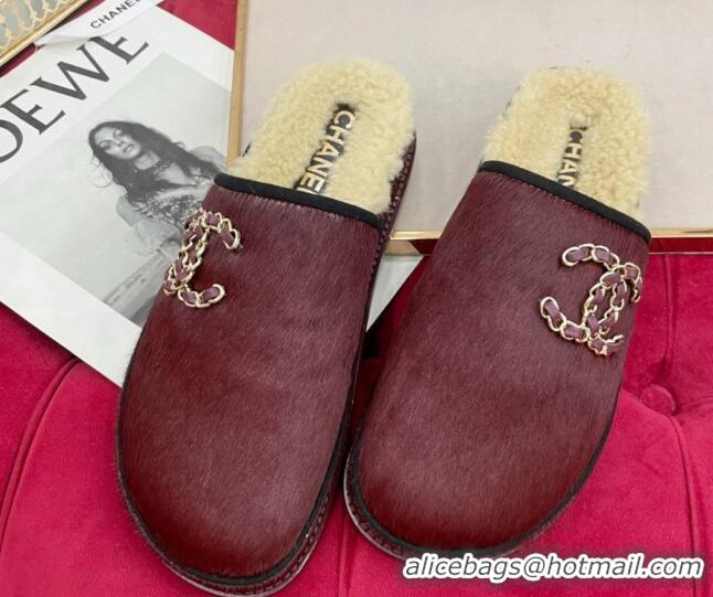 1:1 aaaaa Chanel Fur and Shearling Wool Flat Mules G38648 Burgundy