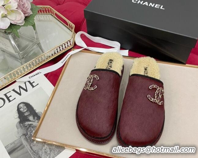 1:1 aaaaa Chanel Fur and Shearling Wool Flat Mules G38648 Burgundy