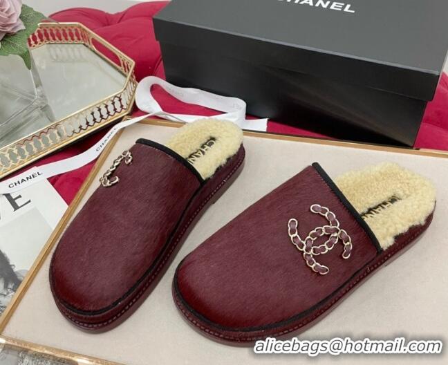 1:1 aaaaa Chanel Fur and Shearling Wool Flat Mules G38648 Burgundy