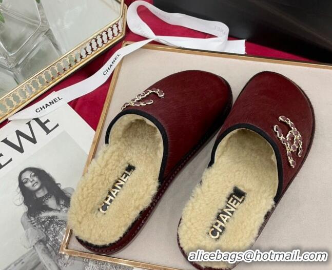 1:1 aaaaa Chanel Fur and Shearling Wool Flat Mules G38648 Burgundy