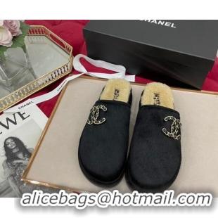 Hot Style Chanel Fur and Shearling Wool Flat Mules G38648 Black