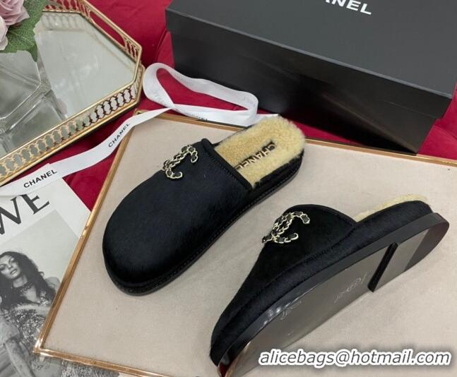 Hot Style Chanel Fur and Shearling Wool Flat Mules G38648 Black