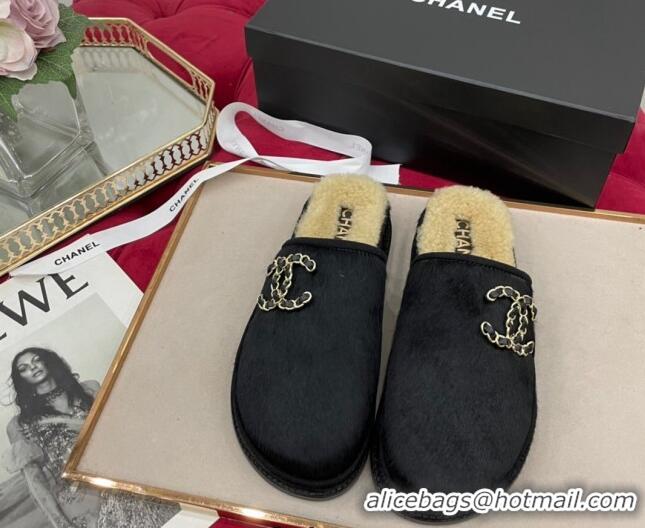 Hot Style Chanel Fur and Shearling Wool Flat Mules G38648 Black