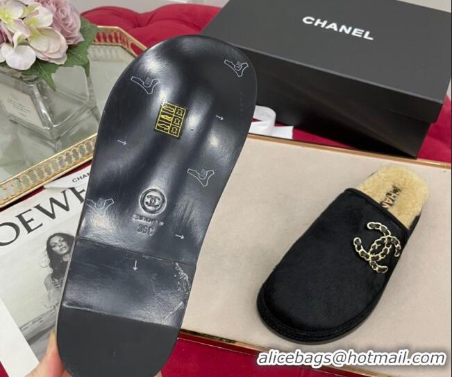 Hot Style Chanel Fur and Shearling Wool Flat Mules G38648 Black