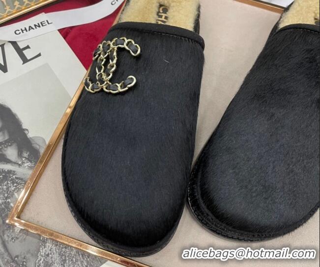 Hot Style Chanel Fur and Shearling Wool Flat Mules G38648 Black