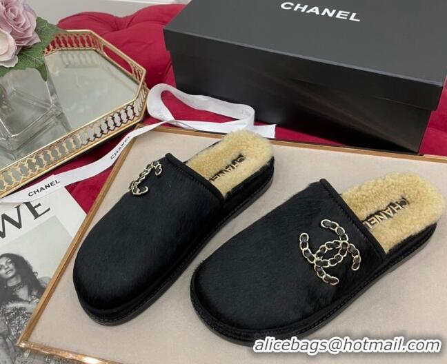 Hot Style Chanel Fur and Shearling Wool Flat Mules G38648 Black