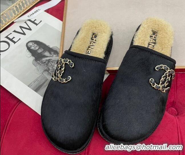 Hot Style Chanel Fur and Shearling Wool Flat Mules G38648 Black