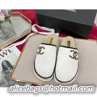 Top Design Chanel Fur and Shearling Wool Flat Mules G38648 White