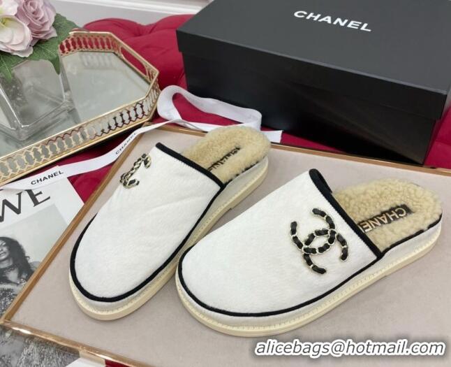 Top Design Chanel Fur and Shearling Wool Flat Mules G38648 White